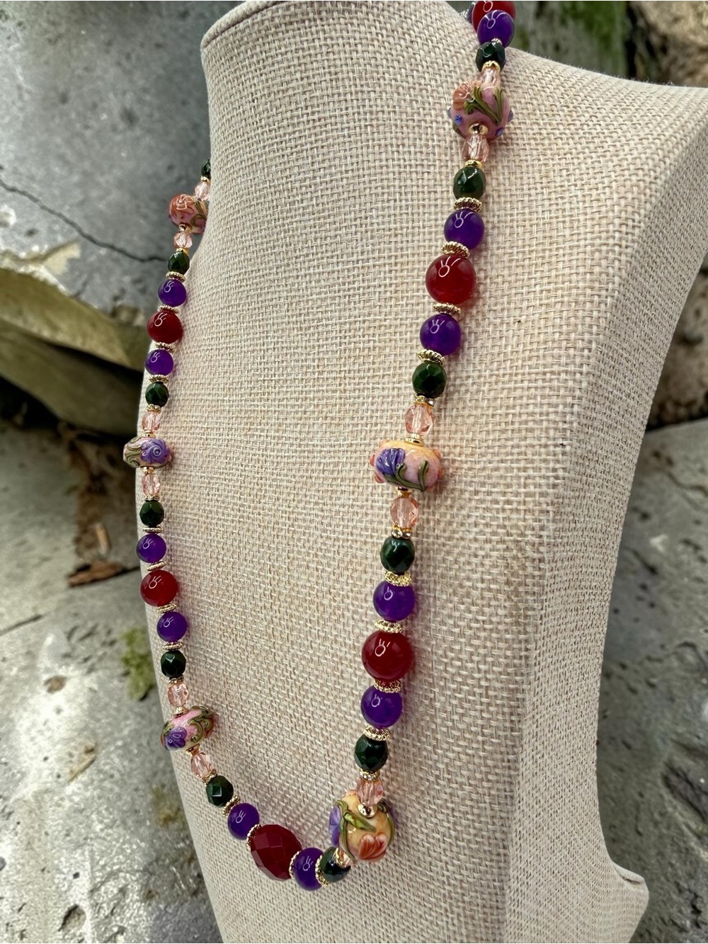 Artisan Handmade Amethyst Carnelian Lampwork Floral Necklace 20” Gold Floral Lux - Picture 5 of 17